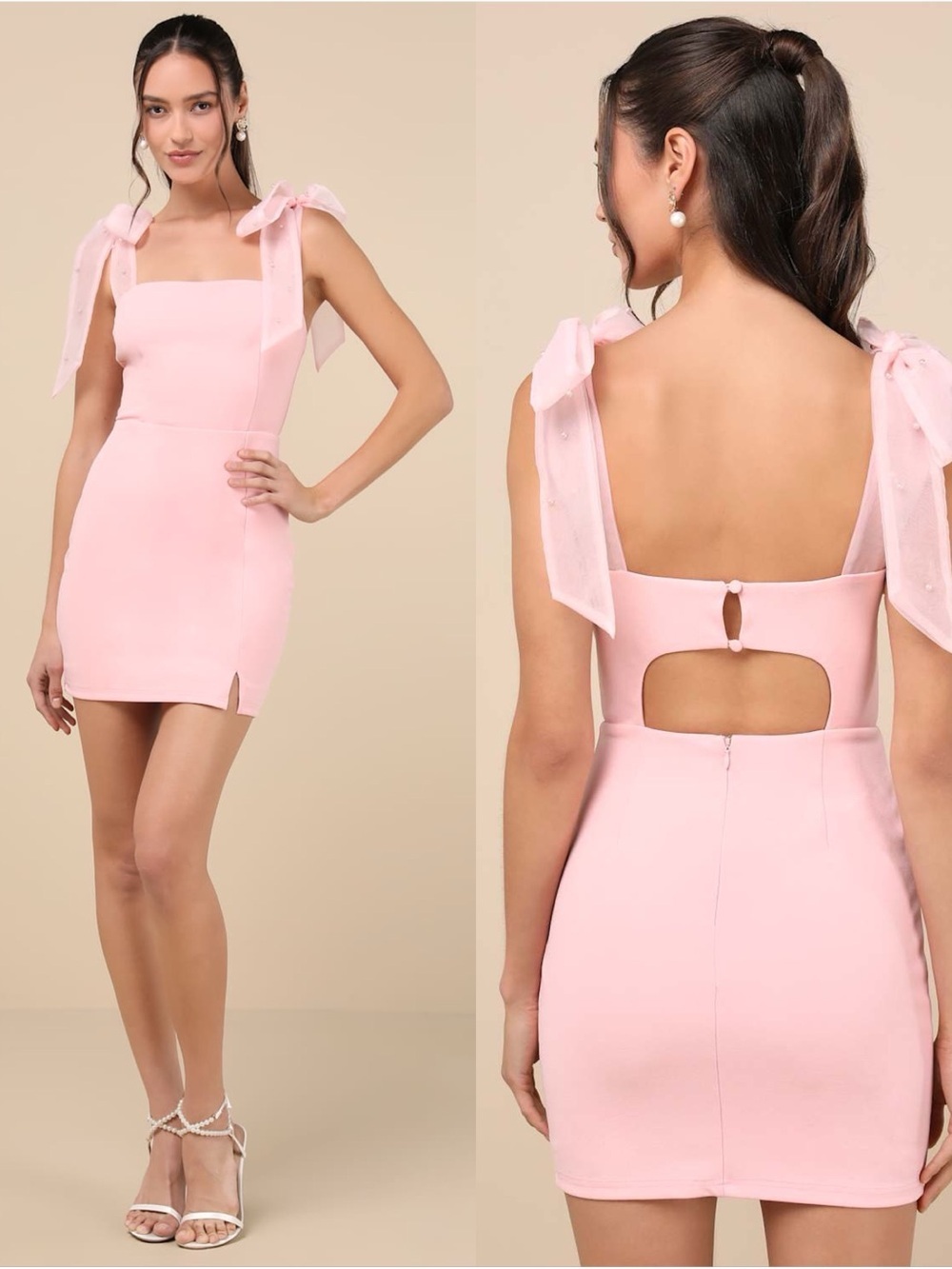 LULU’S Beaming Perfection Pink Pearl Organza Tie-Strap Mini Dress